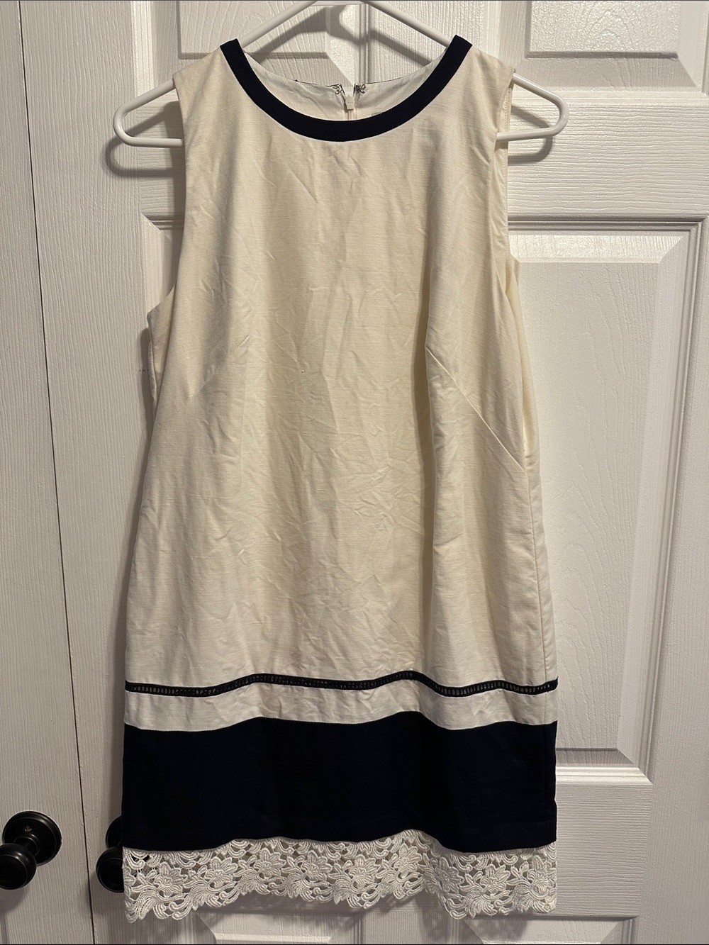 LOFT Ivory and Black Sleeveless Lace-Hem Mini Dress